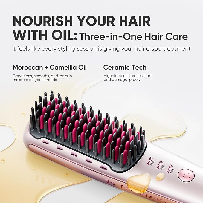 Hair Straightener Brush, Hair Straightener Comb with 3 Temps 20s Fast Heating Shine, Gold Rose