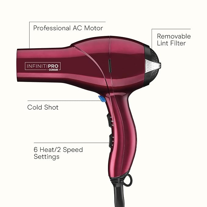 Infiniti PRO CONAIR Hair Dryer with Diffuser, Professional AC Motor, Tourmaline Ceramic Technology Blow Dryer, Includes Concentrator and Blowout Brush, Amazon Exclusive, Burgundy