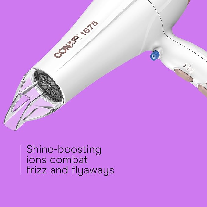 Conair Double Ceramic Hair Dryer, 1875W Blow Dryer with Diffuser and Concentrator, Ionic Conditioning, 3 Heat & 2 Speed Settings, Amazon Exclusive, White