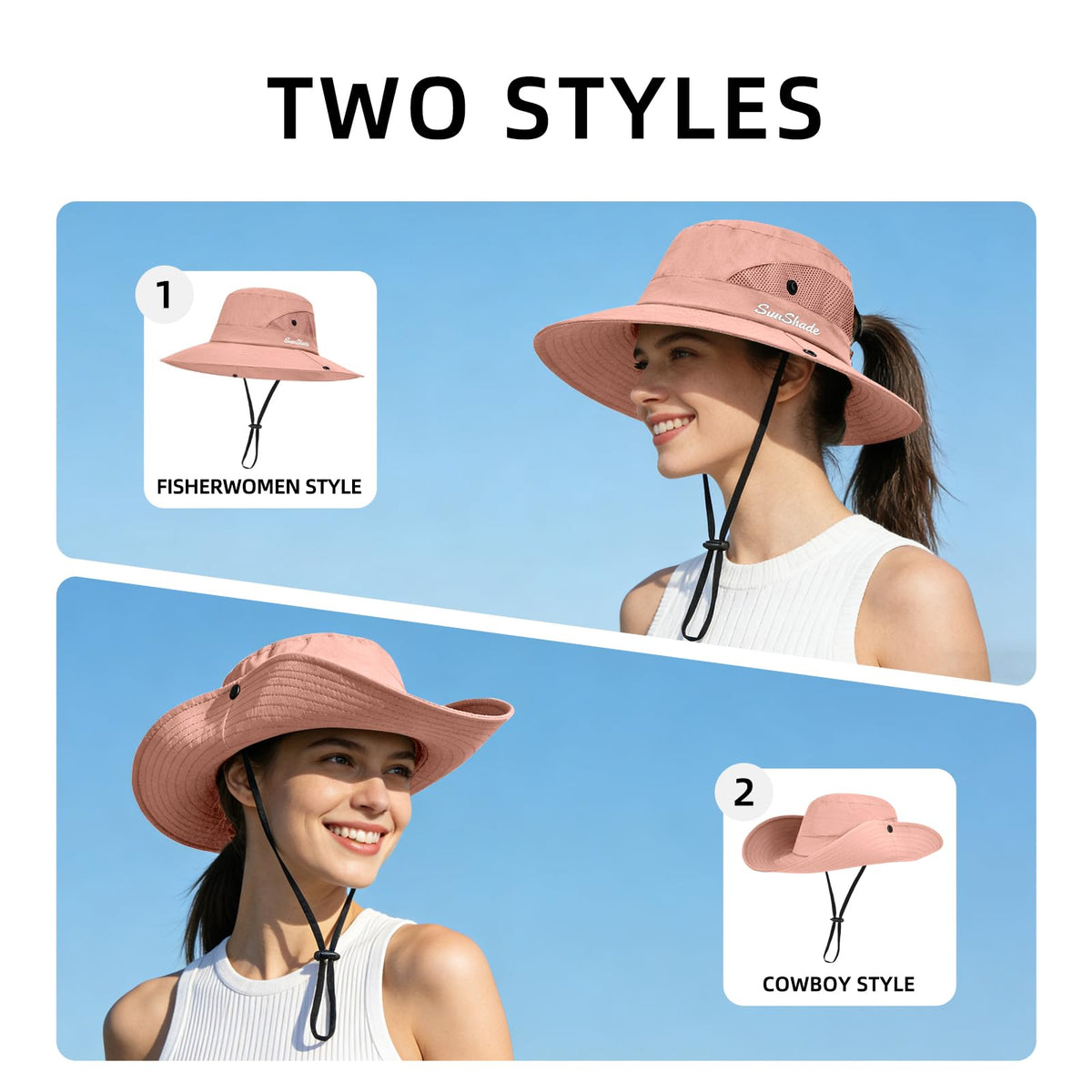 Ponytail Sun Bucket Hats for Women UV Protection Foldable Wide Brim (1 Pack-pure Pink)