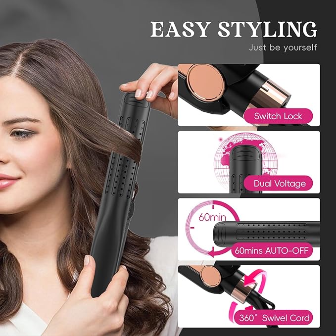 SKIMI Airflow Styler, Titanium Flat Iron Hair Straightener, Professional Curling Iron with Cooling Air Vents to Lock in Style, 5 Temps & Dual Voltage, Auto Off (Black & Yellow Rose).