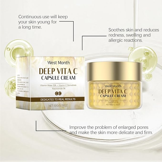 Vitamin C + Niacinamide Moisturizer, Deep Vita C Capsule Cream with 5% Niacinamide & Sea Buckthorn Extract, Daily Face Cream for Dullness, Improves Skin Radiance and Texture, 50g