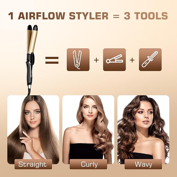 Curling Iron, 2 in 1 Hair Straightener and Curler, 1.25 Inch Ceramic Curling Wand with Adjustable Temperature, Dual Voltage for All Hair Types, Anti-Tangle for Long-Lasting Curls and Straight