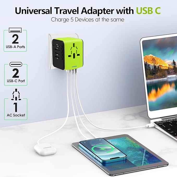 JMFONE International Travel Adapter 2 USB-C & 2 USB-A Ports and Multi AC Sockets - Image 2
