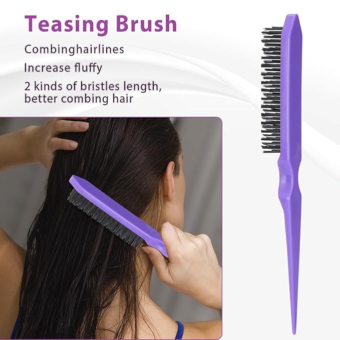 Hair Brush Set, Hair Brushes for Women Men kid Wet Dry All Hair Detangling Parting Styling, Brush Set with Detangler Brush, Edge Brush, Teasing brush, Rat Tail Comb (Purpe)