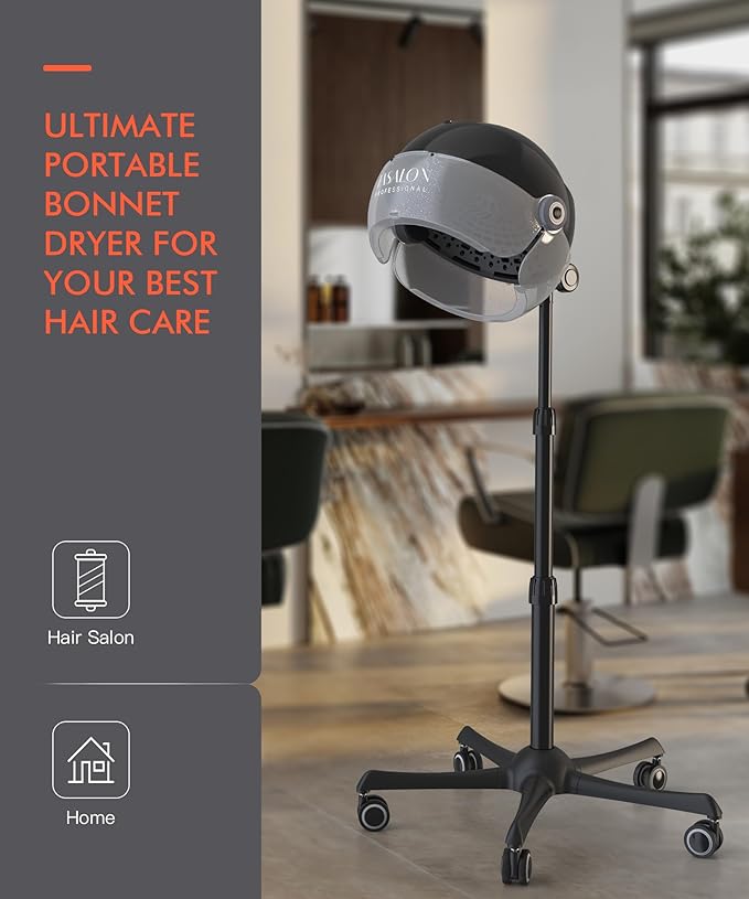 TASALON Ionic Hooded Hair Dryer - 1875W Bonnet Dryer with 3 Temperature Settings - Portable Standing Dryer for Home and Salon