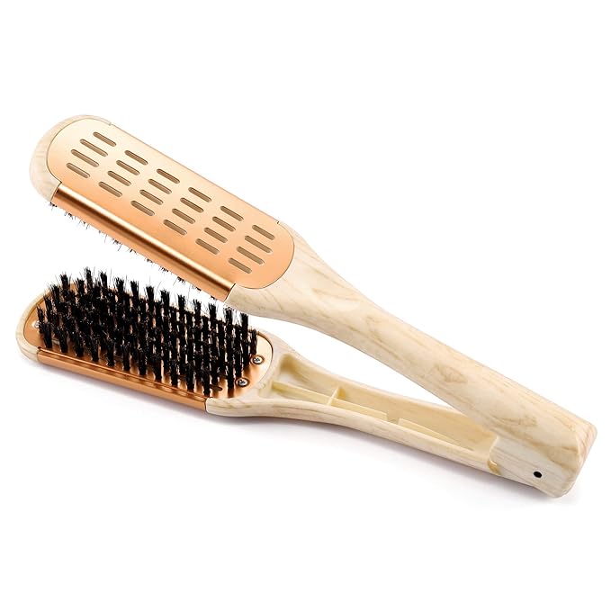 Aethland Boar Bristle Clamp Hair Brush, Double Sided Brush Clamp Straightener Hair Straightening Comb Styling Tools for Thick Coarse Hair- Smoothing and Straight Hair Styles（Golden ）