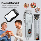 Professional Silver Hair Clippers for Men Cordless Barber Kit with Trimmer, Stainless Steel Blades, Adjustable Lever, LED Display, Type-C Charging Grooming Set Gifts,Ideal for Home Baber & Travel