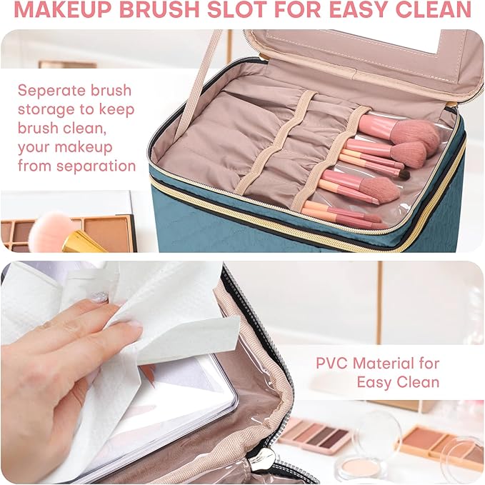 Large Makeup Bag with Mirror Double Layer Travel Make Up Organizer Case - Image 6