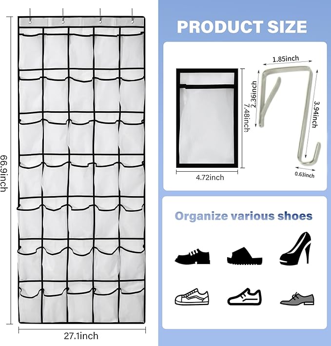35Large Pockets Over The Door Shoe Organizer, Mesh Pockets Shoe Holder Rack - Image 2