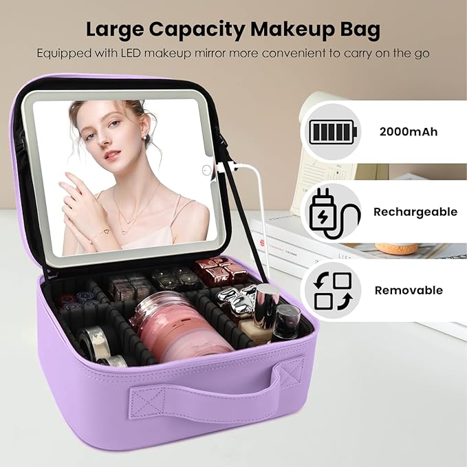 Travel Makeup Bag with LED Mirror and Light Travel Makeup Case Cosmetic - Image 3