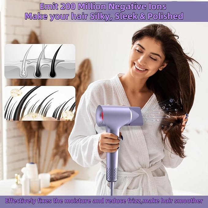 KARFUN Hair Dryer, 110000 RPM High-Speed Brushless Motor Fast Drying Blow Dryer, 57dB Low Noise Hair Dryer for Home or Travel, 3 Temps & 2 Speeds (Purple)