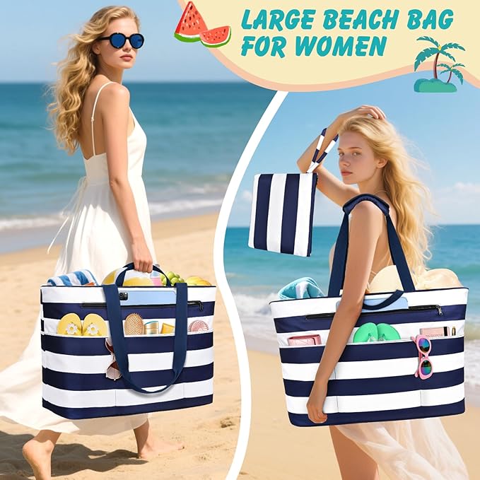 Extra Large Beach Bags for Women, Waterproof Sandproof Beach Tote Bag Zipper - Image 2