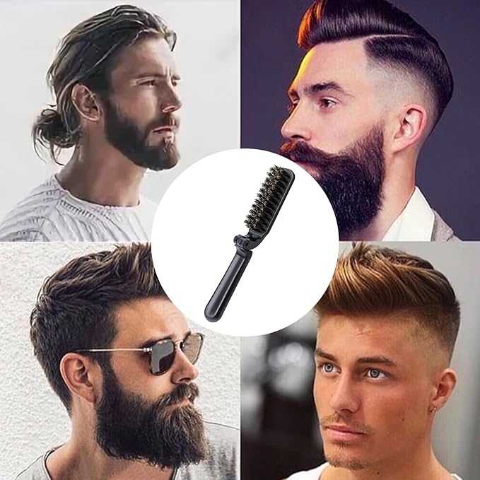 2 Pcs Travel Folding Boar Bristles Hair Brush, Collapsable Pocket Anti-Static Range Mini Beard and Hair Styling Tool for Women and Men (Black)
