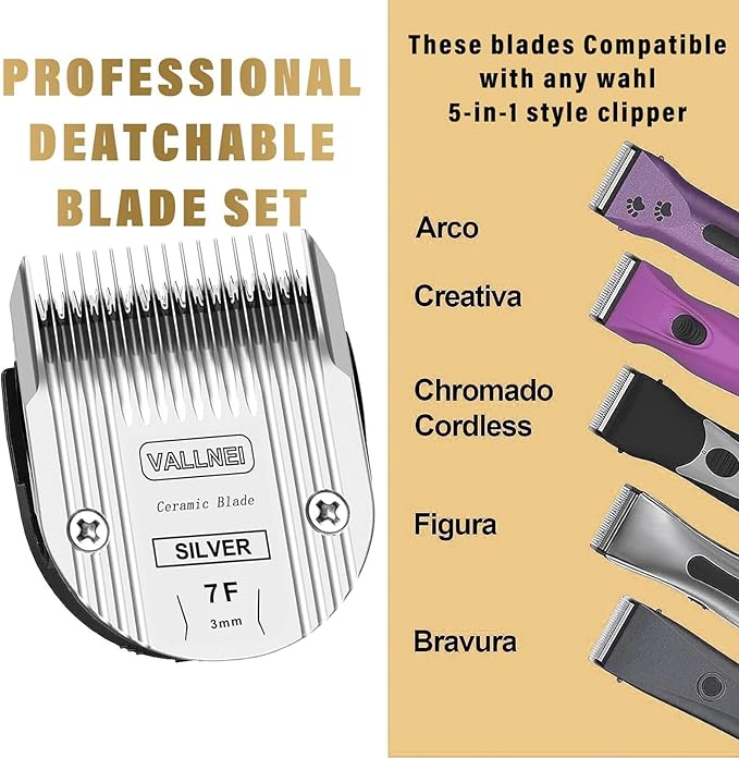 Detachable Adjustable Pet Dog Grooming Clipper 5-in-1 Blade Compatible with WAHL Professional Animal Blade Arco, Bravura, Chromado, Creativa, Figura, and Motion Pet, Dog, and Horse Clippers(7F)(2PACK)