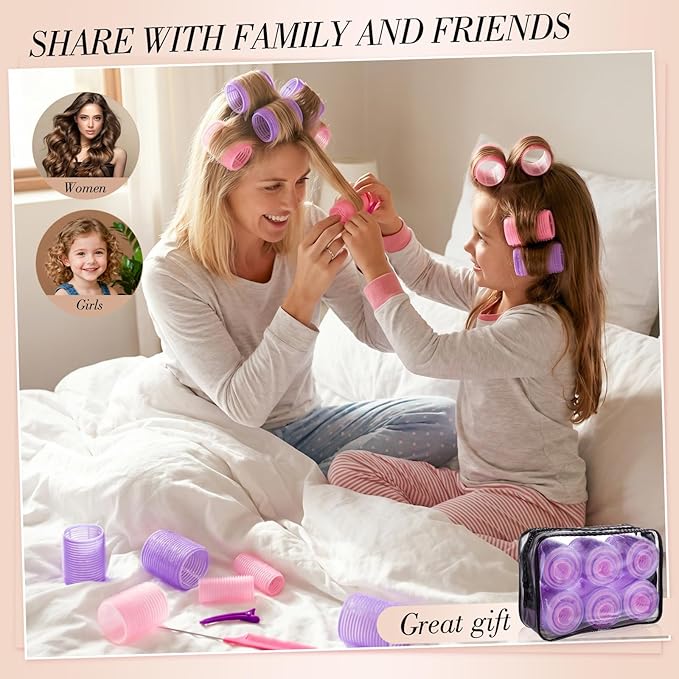 Obeoby 4 Sizes Hair Rollers for Women, 50 Pcs Set Hair Curlers with Clips Comb Curlers for Long Short Curly Hair and Bangs (25, 36, 48, 60mm), Pink Purple