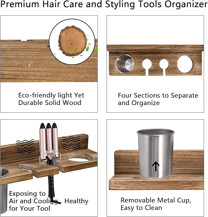 Bathroom Wall Mounted Hair Dryer Holder Hair Care & Styling Tool Organizer, Farmhouse Wooden Beauty Hair Appliance Holder for Flat Iron, Curling Wand, Hair Straighteners, Brushes