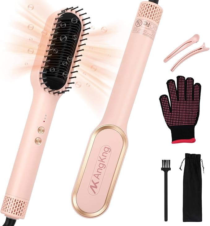 Hair Straightener Brush with Hot & Cool Air, AngKng Anti-Scald Heat Comb Straightener for Straightening Hair, 30s Fast Heating, Hot Air Straightening Brush for Women, Dual Voltage for Travel, Pink