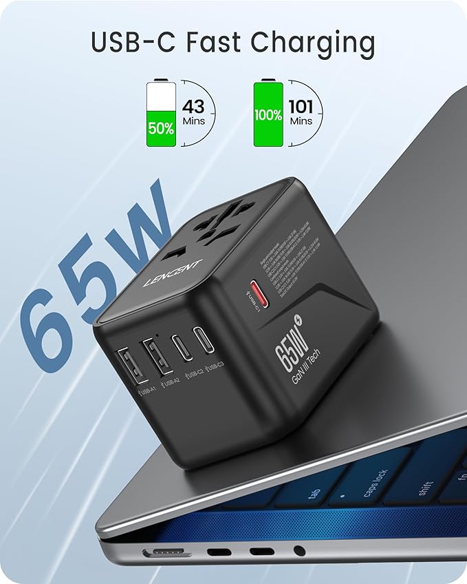 LENCENT Universal Travel Adapter, GaN III 65W International Charger - Image 3