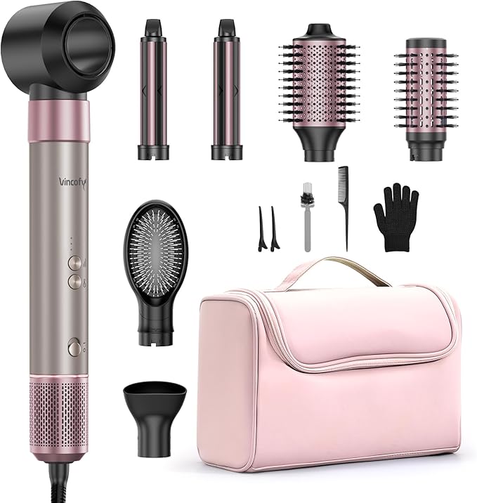 7-in-1 Hair Dryer Brush Blow Dryer, Hot Air Brush Styler with Travel Bag– Fast Drying, Curling, Straightening & Volumizing – 1500W High-Speed Motor 110,000 RPM – All Hair Types – Pink