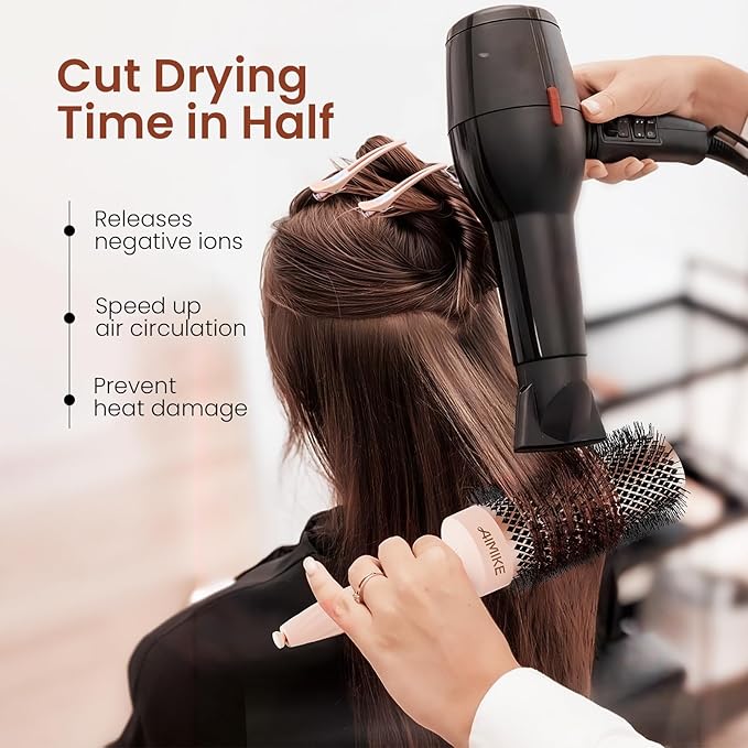 AIMIKE Round Brush for Blow out, Rose Luxe Extra-Long Round Hair Brush Ionic & Nano Thermal Ceramic Tech, for Blow Drying & Styling Volumizing Thick Long Hair, with 4 Clips (Barrel 2.1", Bristle 3")