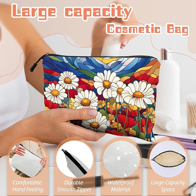 Cosmetic Bags Travel Makeup Toilet Case Waterproof Pouch for Women Girls 6.7X9.45inches - Stained - Glass Style Landscape With Daisies And Poppies