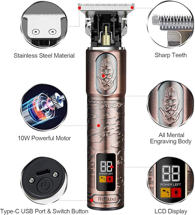 Ornate Hair Clippers for Men, Cordless Edgers Clippers Professional Hair & Beard Trimmer for Barber Pro Zero Gapped T-Blade Trimmer with LCD Display, Rose Gold