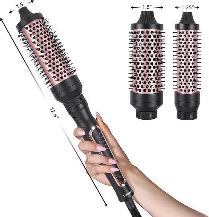 VAGARY 3 in 1 Thermal Brush Set, Heated Round for Blowout Look, Dual Voltage Curling Iron Brush, Ceramic Tourmaline, 3 Detachable Combs, 5 Temperature Settings