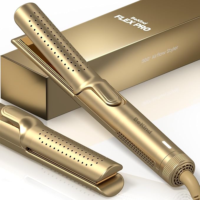Hair Straightener and Curler 2 in 1 by BeKind Flex, 360° Hair Styler Flat Iron for All Styles, Floating Plates Design, Airflex Lower Temp for Better Styling, Gift for Girls and Women - Golden