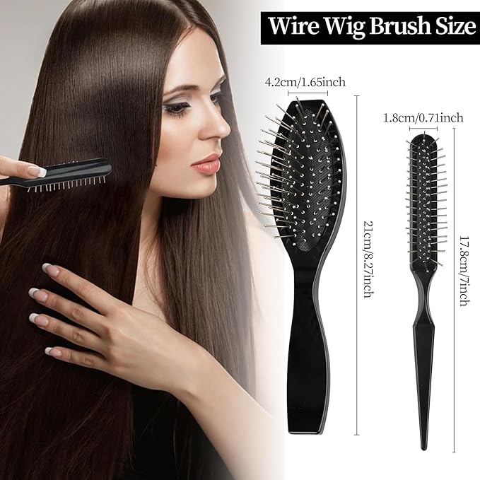 2-in-1 Synthetic Wig Brush with Stainless Steel Handle and Ball Tips for Gentle Detangling and Styling Natural Curls and Wigs - Black (2PCS)