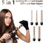 Curling Wand 5 in 1 Hair Curlers Iron Set with 5 Interchangeable Ceramic Tourmaline Barrel for Long Short Hair Styles Curling Irons Set Fast Heating Hair Cripmer for Women Gift
