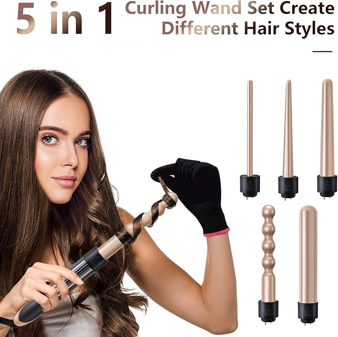 Curling Wand 5 in 1 Hair Curlers Iron Set with 5 Interchangeable Ceramic Tourmaline Barrel for Long Short Hair Styles Curling Irons Set Fast Heating Hair Cripmer for Women Gift