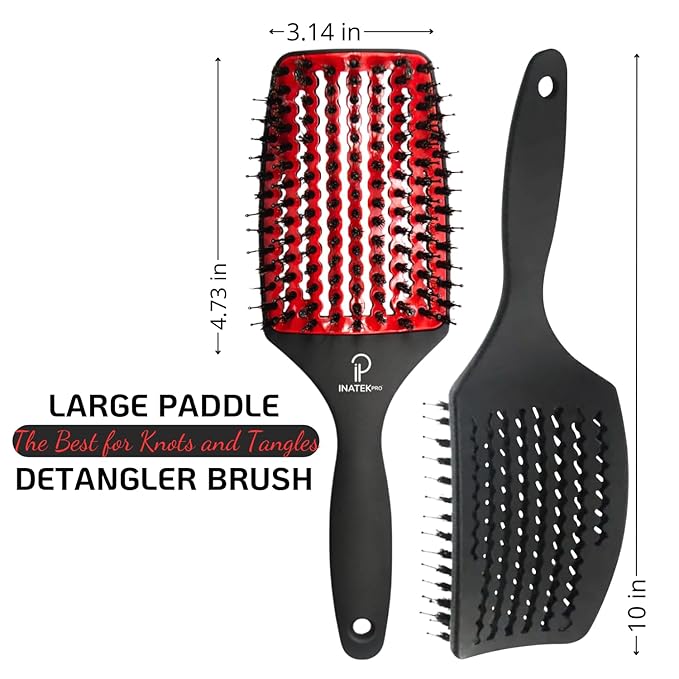 Curved Vented for Blow Drying - Boar Bristle Brush (Large) with Comfortable Handle - Soft Bristle Brush for Thick and Fine Hair - Natural Boar Bristles for Women, Men & Kids - RED