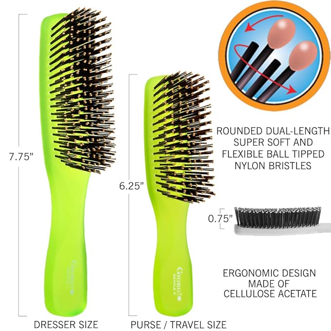 Giorgio GIO1 Gentle Hair Brush Dresser Size. Wet & Dry Pro Hair Brush Detangler. Soft for Sensitive Scalp. Good For Men Women & Kids All hair lengths. Durable and Anti-Static. (Set, Green)