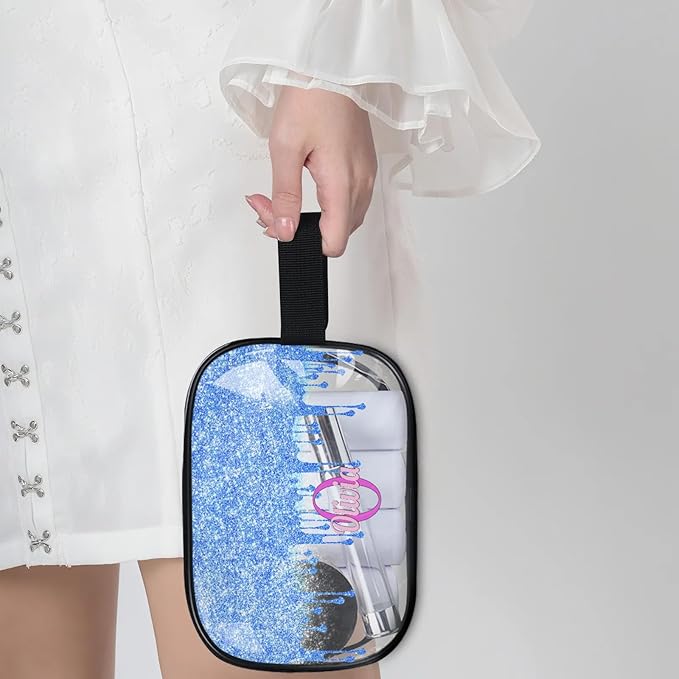Personalized Travel Transparent Cosmetic Bag Waterproof Makeup Bags, Custom Name Light Sky Blue Curtain Glittering Romantic Organizer Case Clear Toiletries Container Bag