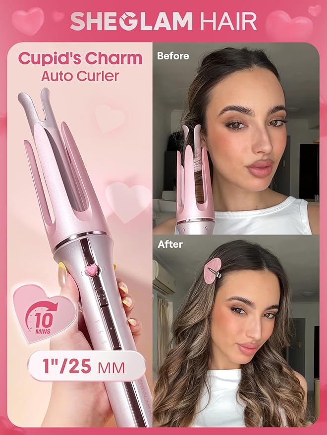 SHEGLAM Pink Curling Iron Automatic Gift for Woman (Pink, 1 inch)