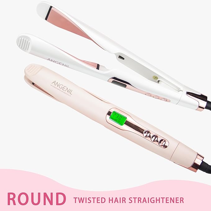 ANGENIL Pro Hair Straightener and Curler 2 in 1, Twist Flat Iron Hair Straightener for Women, Dual Voltage Round Pink Flat Iron with Anti-Scalding Silicone Mat, 11 Adjustable Temp for All Hair Types