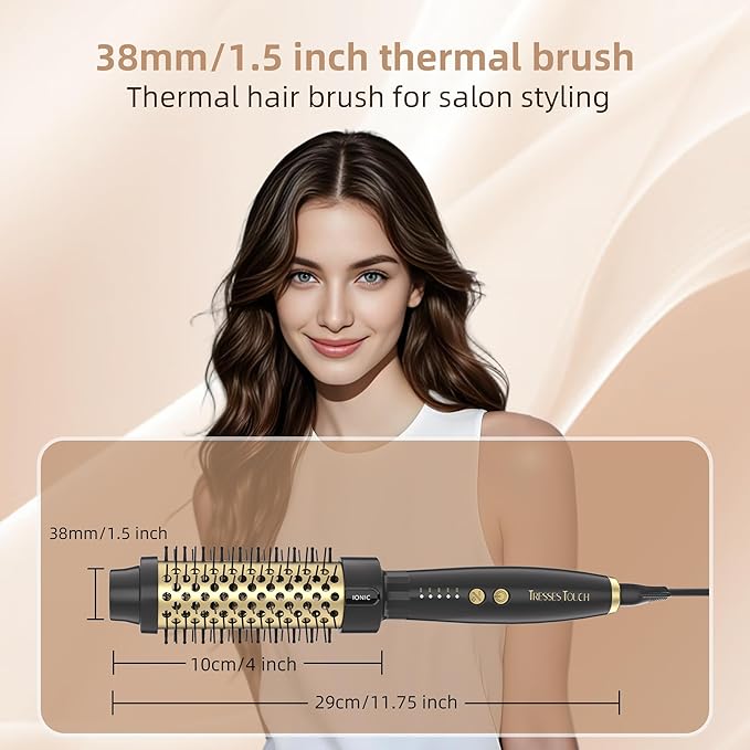 24K Gold Thermal Brush, Blowout Long Lasting Look Curling Brush, 30s Fast Heated Round Brushes 1.5" Makes Hair Smoother Get Natural Curls, 5 Temp Settings, Universal Voltage for Travel, Easy to Use