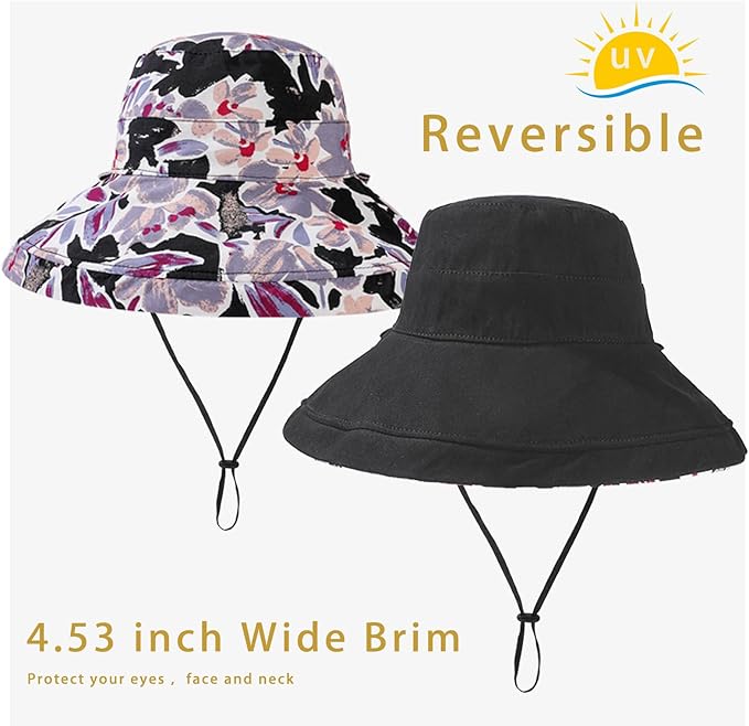vidsel Womens Sun Hats Wide Brim Reversible Bucket Cotton Hat Packable Summer - Image 6