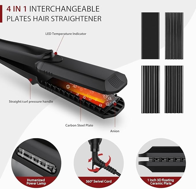 Pulla Hair Straightener and Crimper - 4 in 1 Tourmaline Ceramic Flat and Curling Iron for Hair Styling with Adjustable Temperature - Salon High Heat 320°F - 430°F for All Hair Types
