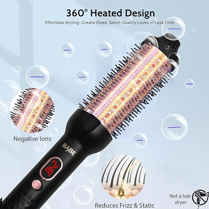 Babe Ceramic Thermal Brush with 10 Temperature Settings, 30s Fast Heated Round Brush for Blow Out Look Quick & Easy to Use with Dual Voltage