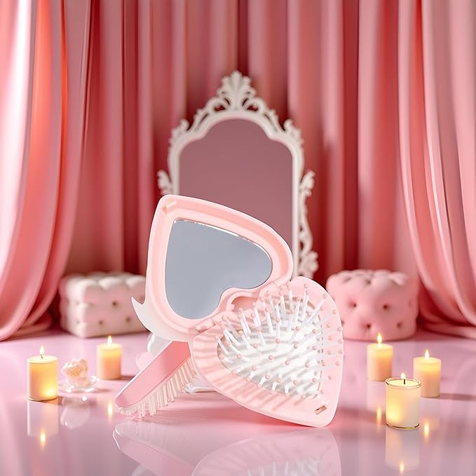 Pink Heart Hair Brush With Mirror, Air Cushion Folding Brush, and Massage Styling Tools for Women and Girls