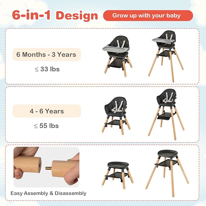 HONEY JOY Baby High Chair, 6 In 1 Convertible Wooden Highchair - Image 3