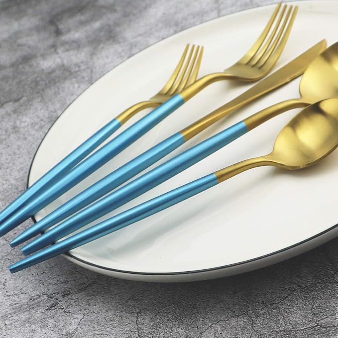 Gugrida Blue Handle Matte Gold Silverware Set - Image 6
