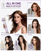 Hair Dryer Brush 8-in-1 Dual Voltage Hot Air Styler – Fast-Drying 110,000 RPM Ionic Blow Dryer with Straightener & Curler Attachments, Frizz-Free Volumizing Styler with Protective Hard Case-Purple