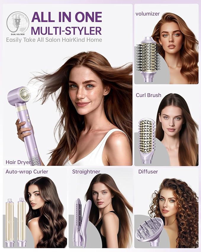 Hair Dryer Brush 8-in-1 Dual Voltage Hot Air Styler – Fast-Drying 110,000 RPM Ionic Blow Dryer with Straightener & Curler Attachments, Frizz-Free Volumizing Styler with Protective Hard Case-Purple