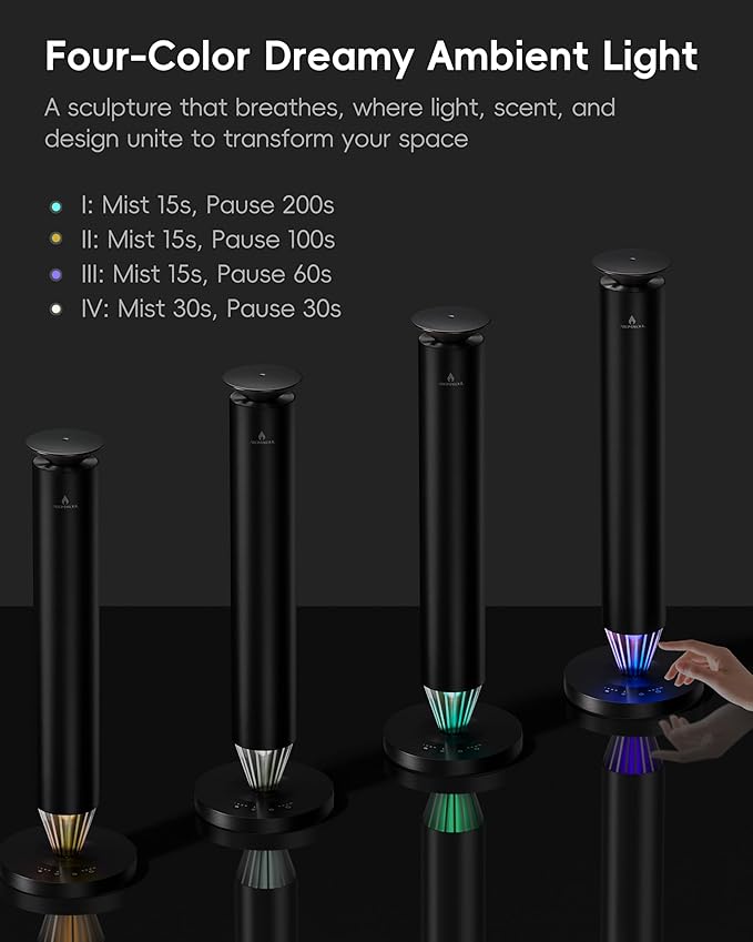 Waterless Scent Diffuser Starter Kit - 1500 Sq Ft Coverage, Alloy Atomization System,Mood Light,Smart Rechargeable Hotel Scent Diffuser, Including 120ml Essential Oil, for Home,Large Room,Spa,Black
