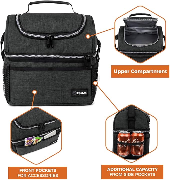 OPUX Lunch Box For Men Women, Insulated Large Double Decker Lunch Bag, Charcoal - Image 6
