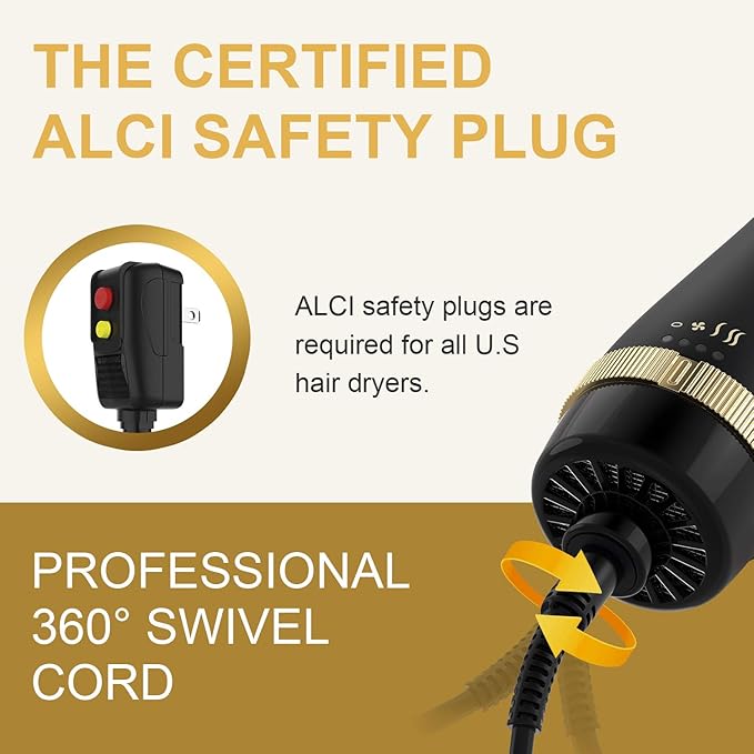 Hair Dryer Brush Volumizer, Ionic Technology, ALCI Safety, 360 Swivel Cord, Gold