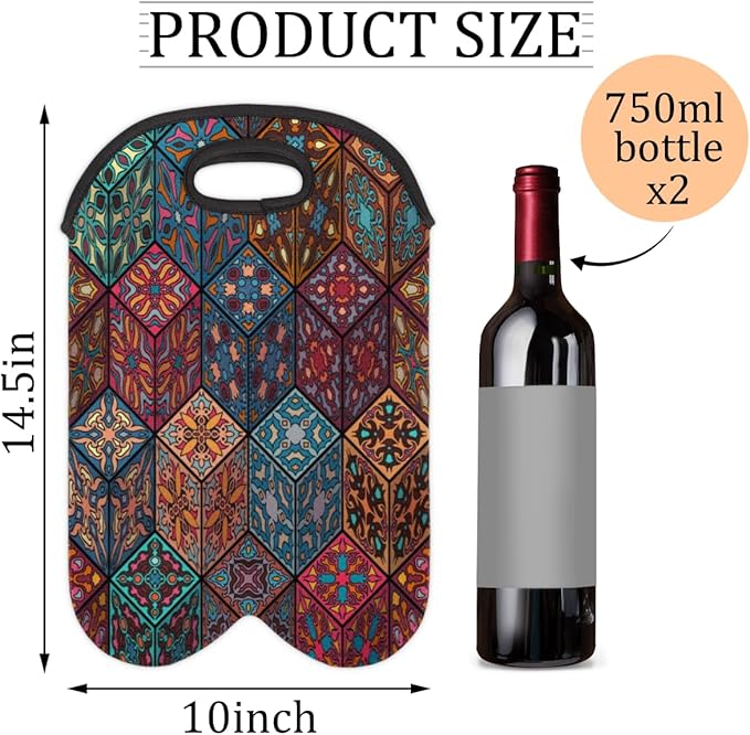 Square Mandala 2 Bottle Wine Carrier Tote Bag Insulated Wine Bottles Neoprene - Image 2
